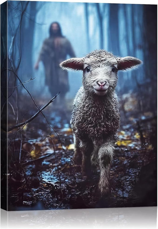 AbcCustomize Jesus Running After Lost Lamb Christian Wall Decor, Religious Wall Decor for Home, Jesus Wall Art Canvas Prints Ready to Hang, Inspirational Christian Art for Prayer Room, Baptism Gift