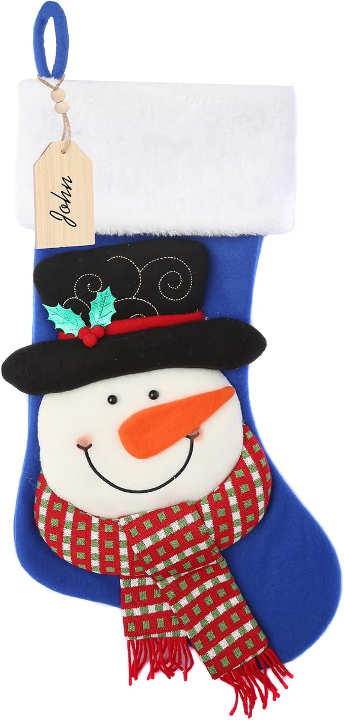 Christmas Stocking,21 inch Christmas Stockings with Wood Name Tag,3D Snowman Christmas Stocking,for Family Holidays and Christmas Tree Fireplace Decoration(Blue)
