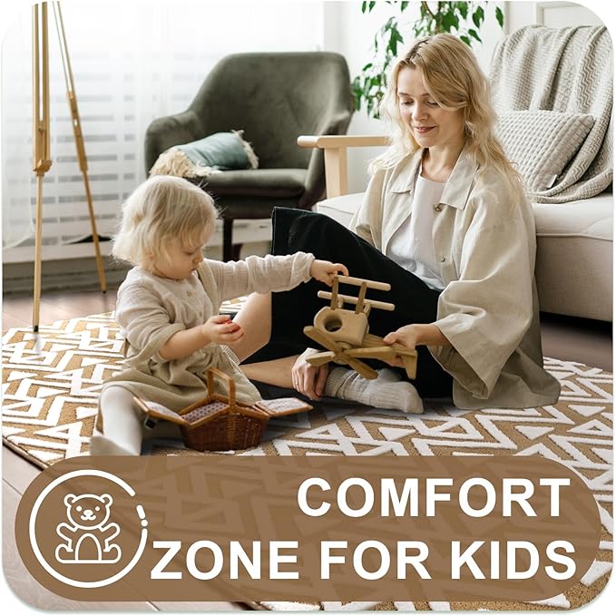 Ompaa Ultra Soft Shaggy Rugs Memory Foam Bedroom Carpet, Beige 5 x 8 Feet, Plush Geometric Textured Area Rugs for Living Room Couch Dorm Bedside Kids Girls Teens Room Nursery Decor Floor Mat