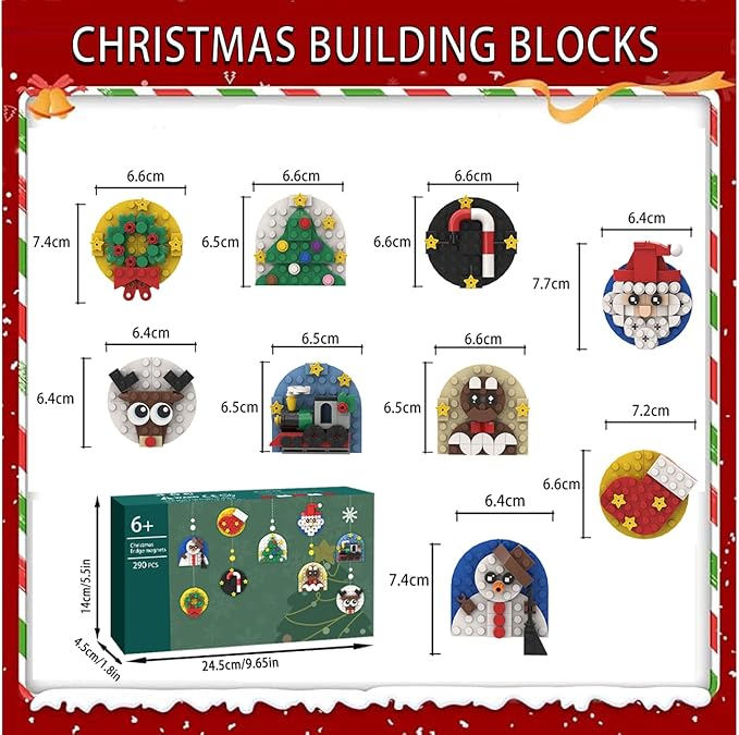 Christmas Ornaments Building Set Compatible with Lego, Christmas Tree, Wreath, Santa, Snowman, Gingerbread, Reindeer,Christmas Stocking, Small Train,Cane,Toy Gifts for Boys Girls Kids