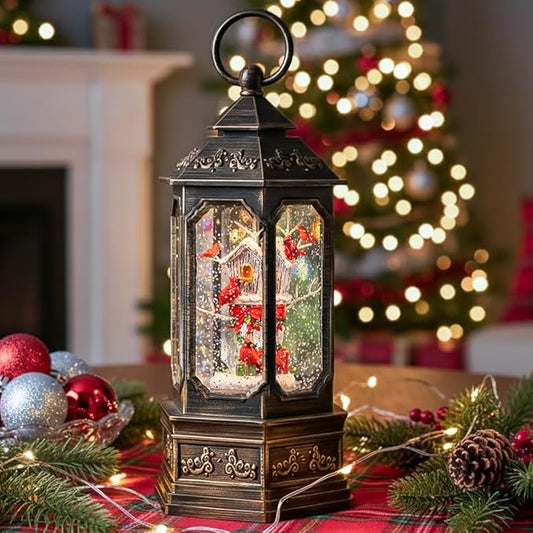Christmas Snow Globe Lantern with Cardinal & Birdhouse，Lighted Swirling Glittering Snow Snowflake with Music & Timer, Christmas Decorations for Home Tabletop Indoor