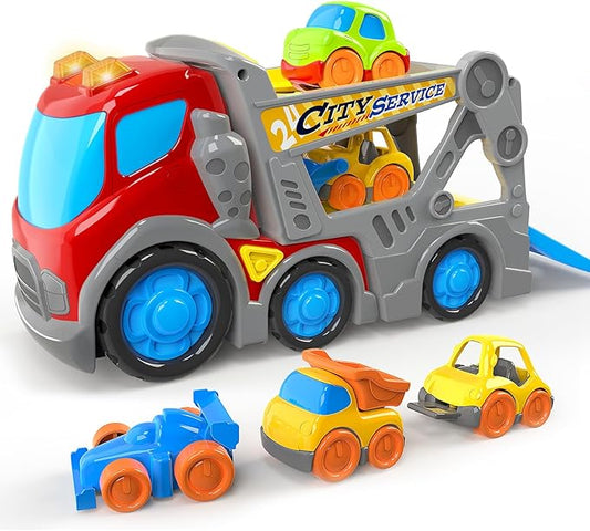 P&C 12.2" Toddler Car Transport Truck Toys for Ages 2-4, Auto Car Carrier Transporter Double-Deck Truck‌ Toy Set with Sounds Lights for Kids 18M+ 2 3 4 5, Ideal Birthday for Boys Girls