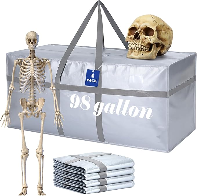 Windyun 4 Pack 98 Gallon Extra Large Storage Bags XXL Moving Bags with Zipper Handles Heavy Duty Jumbo Big Totes Box for Halloween Skeleton 4-12 Feet Christmas Tree Storage College Dorm Cloth (Silver)