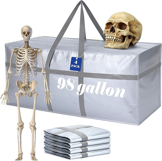 Windyun 4 Pack 98 Gallon Extra Large Storage Bags XXL Moving Bags with Zipper Handles Heavy Duty Jumbo Big Totes Box for Halloween Skeleton 4-12 Feet Christmas Tree Storage College Dorm Cloth (Silver)