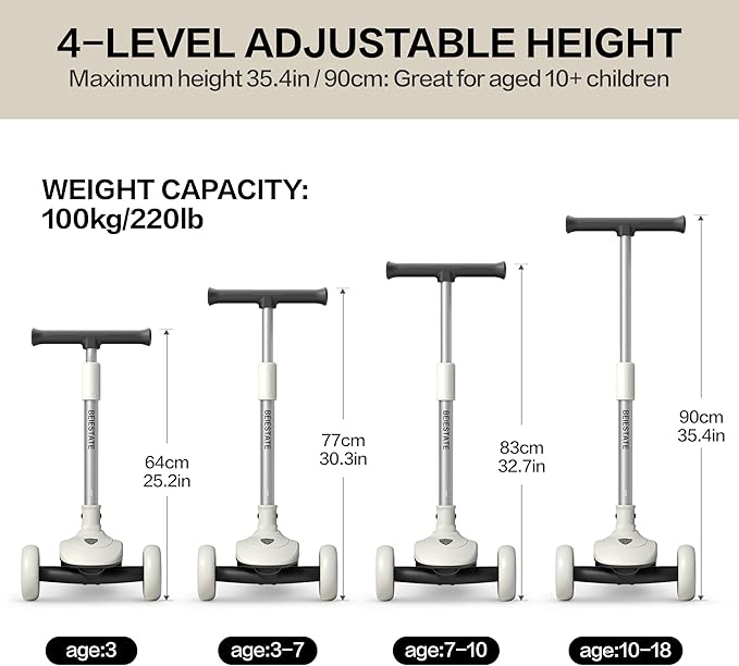 Aesthetic Scooter, Kids 3 Wheel Scooter with LED Light-Up Wheels, Adjustable Handlebar (25.2"-35.4") for Ages 3-18, Max 220 lbs, Safety Steering Lock, Anti-Slip Deck & One-Piece Brake