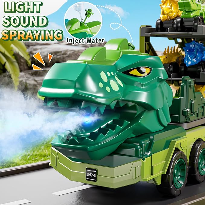 10 in 1 Dinosaur Truck Toys for Kids Aged 3-5 4-8 with Foldable Race Track, Carrier Truck with 9 Dinosaur Toy Cars for Boys, Spraying, Light and Sound, Birthday Gifts for Girls Toddlers 5-7