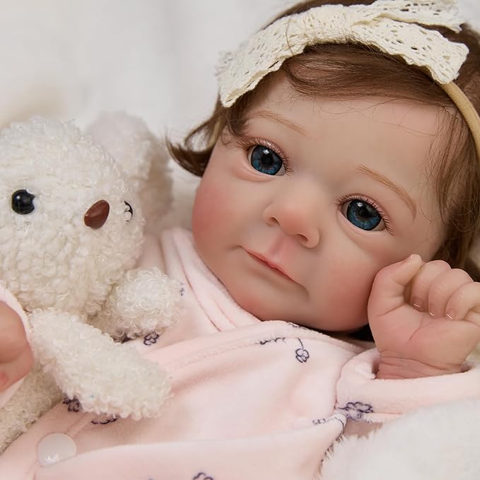 17" Realistic and Cute Reborn Baby Girl Opened Her Eyes with Bright Eyes Brown Hair Named Claire, Handmade Lifelike Reborn Doll, Advanced Painted Vinyl Gift Set for Kids Age 3+