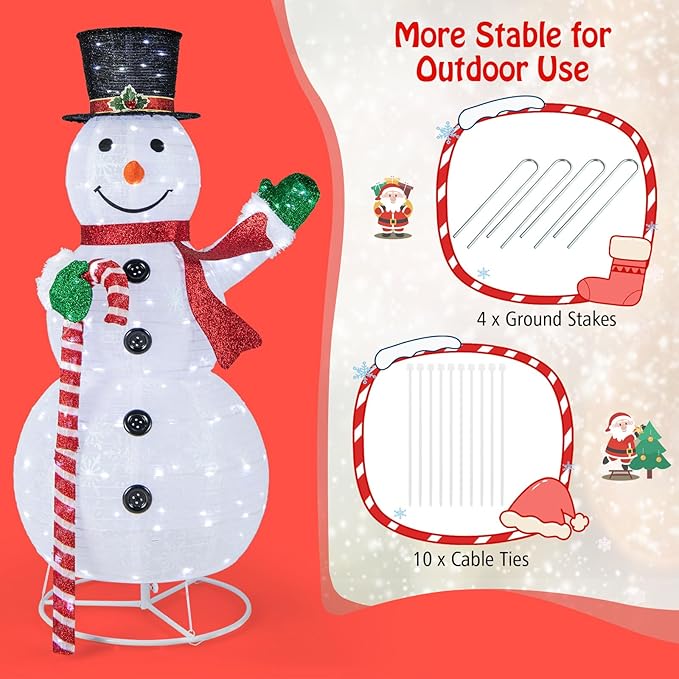 Tangkula 5 FT Pop-up Lighted Christmas Snowman, Large White Pre-lit Christmas Decoration with 180 LED Lights, Hat, Scarf, Indoor Outdoor Xmas Holiday Decor for Party, Yard, Garden, Porch, Lawn