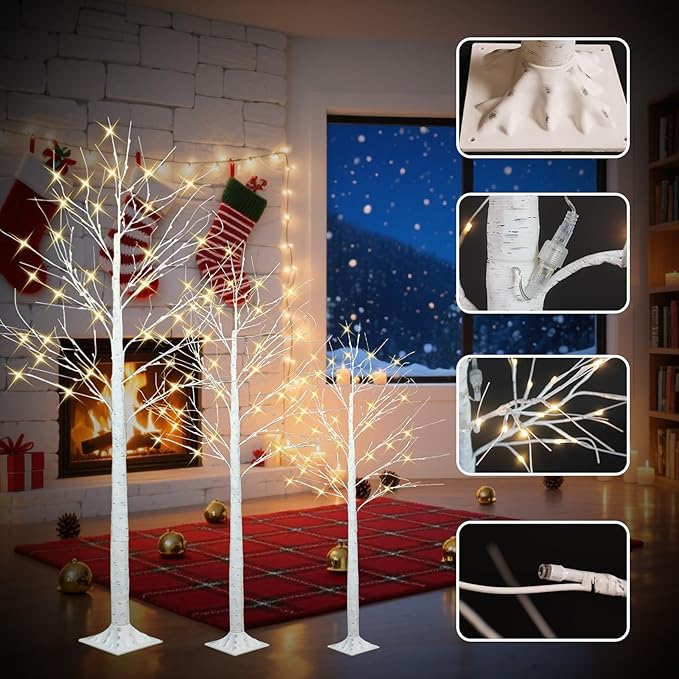 Set of 3 Lighted Birch Tree, 4FT 6FT 8FT Prelit Artificial Christmas Tree with Warm White LED Lights, Indoor Outdoor Christmas Decorations, Lighted Twig Tree for Home Yard Party Garden Decor