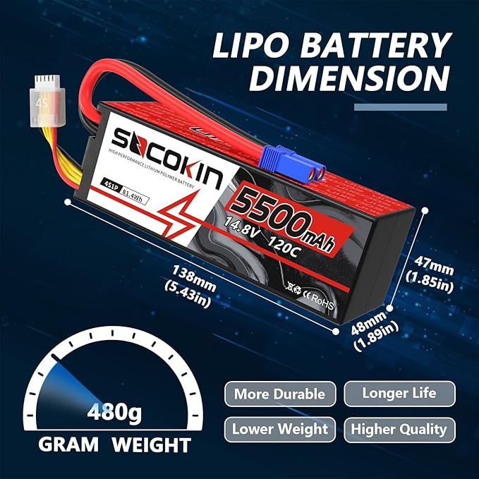 4S Lipo Battery 5500mAh 14.8V 120C Lipo Battery with EC5 Connector Hard Case for RC Car Truck Tank RC Buggy Truggy RC Model Racing Hobby(2 Pack)