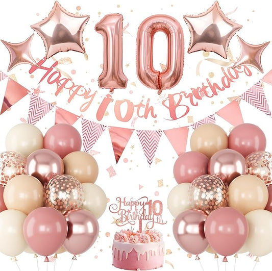 10th Birthday Decorations for Girls, Retro Pink Double Digits 10 Balloon Set Happy 10th Birthday Banner Cake Topper Dusty Pink Nude Confetti Star Balloons for Boho 10 Year Old Bday Party Decoration