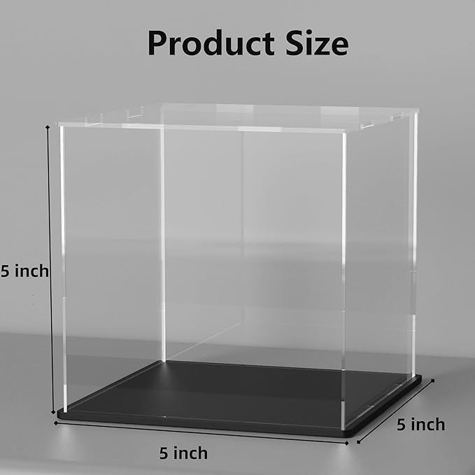 Acrylic Box with Matte Black Base, 5 inch Cube Clear Acrylic Display Case, Dust-Proof Display Case for Collectibles, Toys (5x5x5 inch)