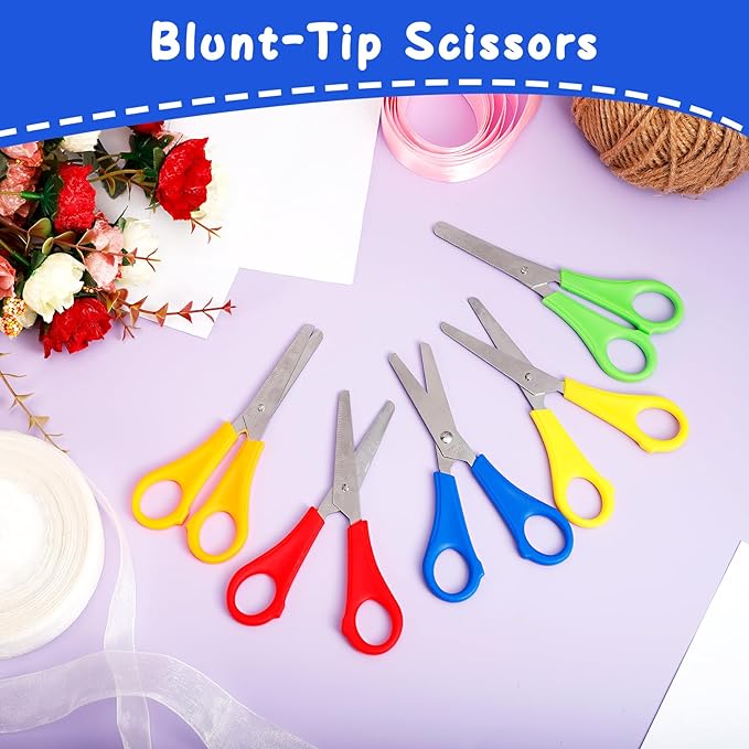 100 Pack Kids Scissors, 5 Inch Blunt Tip, Stainless Steel, Multicolor, Ambidextrous, Modern, Contemporary