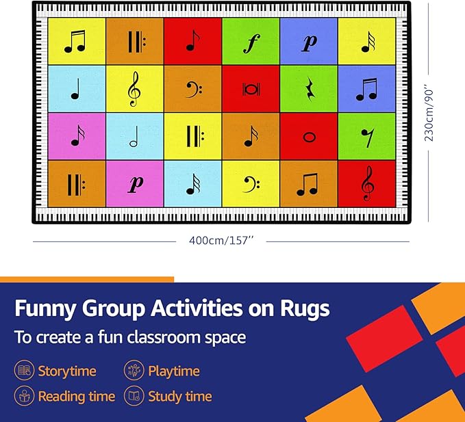 Music Note Classroom Rug 7'5"x13' Elementary Music Classroom Seating Rug with 24 Seats Colorful Muiscal Area Rug for Nursery, Preschool, Kids Room and Music Studio