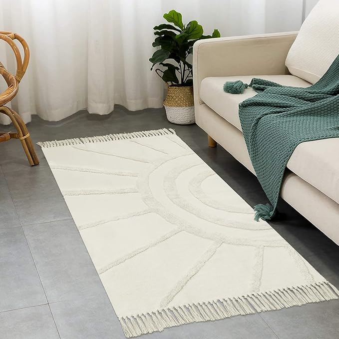 OJIA Boho Area Rug 3'X5', Washable Rugs Entryway Rug Cotton Woven Bedroom Rug Farmhouse Accent Throw Rugs Bohemian Tufted Sun Rug Floor Carpet for Laundry Living Room Kitchen