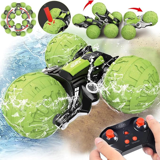 UNIQUE KIDS 1: 12 Waterproof Amphibious 360° + 360° Flip RC Car | Durable Inflatable Wheels | All-Terrain Water & Land Toy | 2.4 GHz for Kids 6-12 Years (Green)