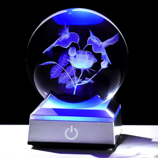 3D Hummingbird Gifts for Women, Mom - Humming Bird and Rose Crystal Ball 3.15in with Multicolor LED Light Base Collectible Figurine Home Decor