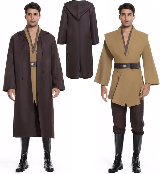 Men's Hooded Robe Tunic Cosplay Costume Knight Cloak Tunic Uniform Pants with Belt Full Set Halloween Outfits