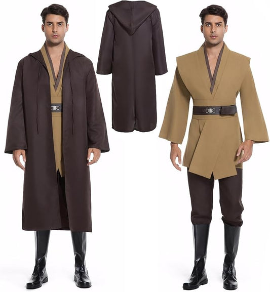 Men's Hooded Robe Tunic Cosplay Costume Knight Cloak Tunic Uniform Pants with Belt Full Set Halloween Outfits