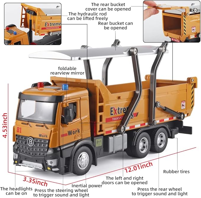 Children Dump Truck Toy Metal DieCast Construction Trucks,Construction Toys with Simulated Sounds and Lights,Dump Truck Toy with Openable Rear Hood,Dump Trucks for Boys Age 4-7