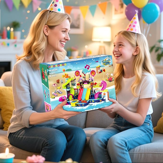 HOGOKIDS Friends Water Park Building Set, 911PCS Summer Fun Party Toy with 5 Water Slides, Creative Swimming Pool Block with Diving Platform & Bike Cart, Pretend Play Gift for Girls Boys Kid Age 8-12+