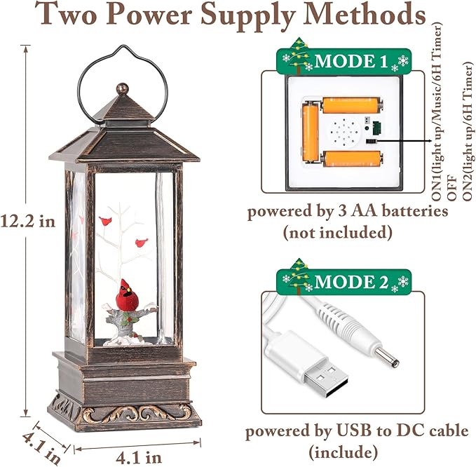Cardinal Christmas Decorations, 12 Inch Musical Snow Globe Lantern, Lighted Christmas Snow Globes with Swirling Glitter, Cardinal Snow Globe USB and Battery Operated Lantern for Home Decor