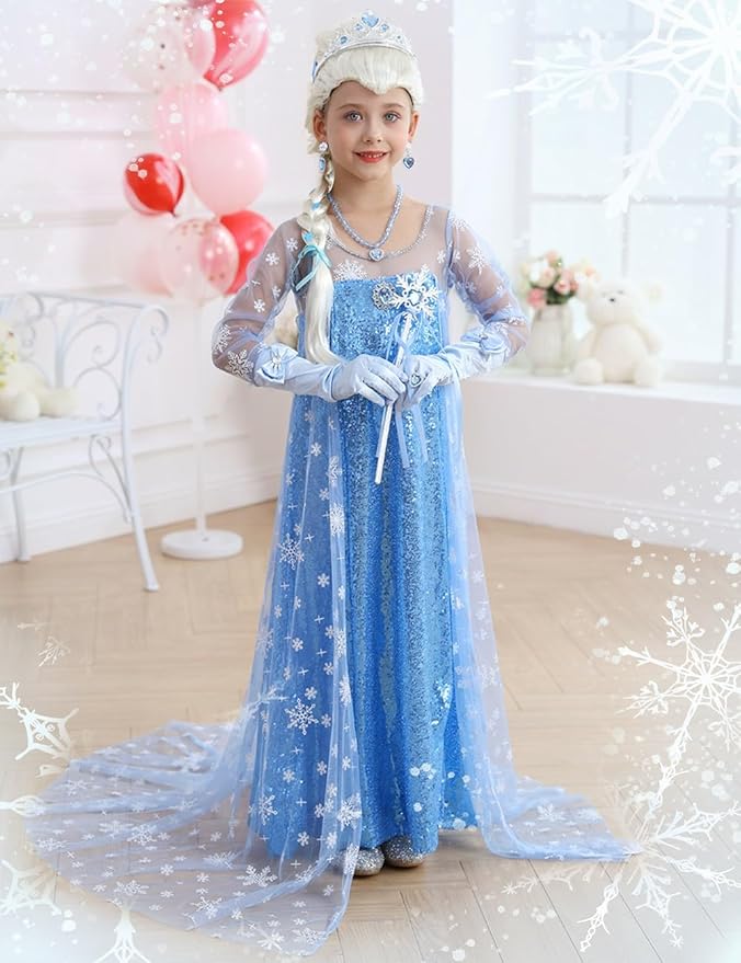 Princess Elsa Dress for Girls Kids Sequin Costume Halloween Birthday Party Dress Up With Accessories