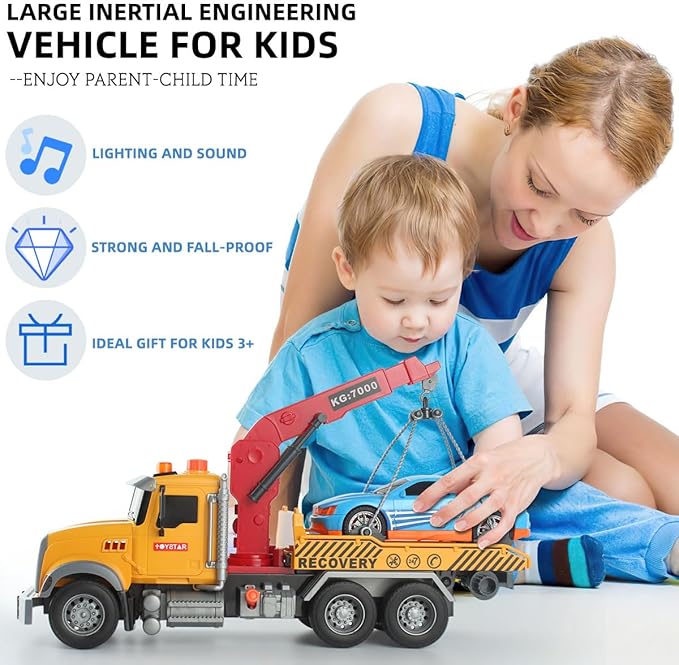 Toy Tow Truck with Crane and Car – Recovery Truck Toy for Kids Age 3 4 5 6, Construction Playset with Lights and Sounds,Birthday Gifts for Boys