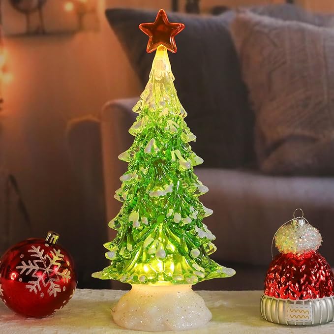 Acrylic Christmas Tree Table Decor, 12" Lighted up Christmas Tree Figurine, Battery Operated Home Decorations Gift for Indoor Holiday Party Mantel Fireplace Centerpiece Decor, Green
