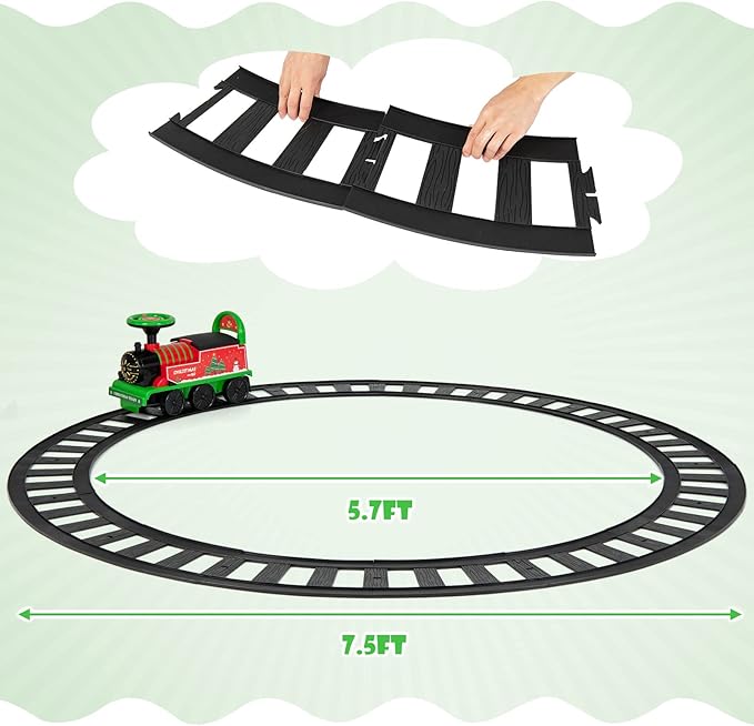 Olakids Kids Ride On Train with Track, 6V Electric Toy with Lights and Sounds, Retractable Footrest, Under Seat Storage, Christmas Theme Battery Powered Gift for Toddlers Boys Girls (Christmas Style)