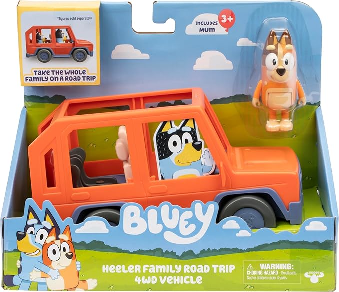 Bluey Heeler Family Road Trip 4WD Vehicle, Includes Articulated Chilli Figure, with Open Roof to Easily Fit 4 Figures Inside, Ideal for All 2.5 Inch Figures (Sold Separately)