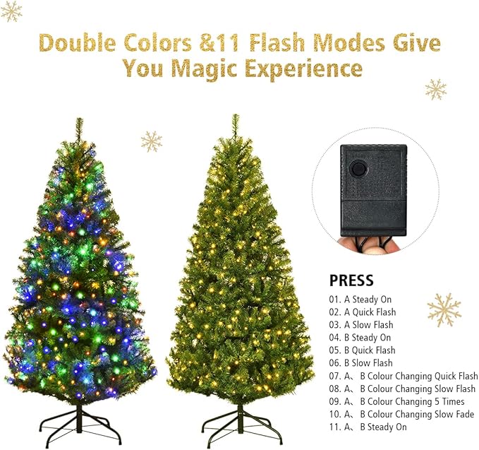 COSTWAY 4 FT Pre-lit Christmas Tree, Artificial Xmas Tree with 100 Warm White & Multicolored Lights, 11 Modes, 300 Branch Tips, Metal Support, Holiday Decoration Fake Tree for Home, Office, Party