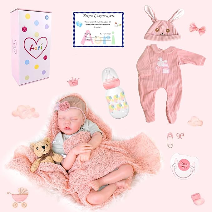 Aori Reborn Baby Dolls Girl - 18'' Realistic Sleeping Newborn - Lifelike Hand-Painted Vinyl Baby Doll with Doll Accessories Set - Weighted Body for Cuddling, for Collectors & Kids 3+