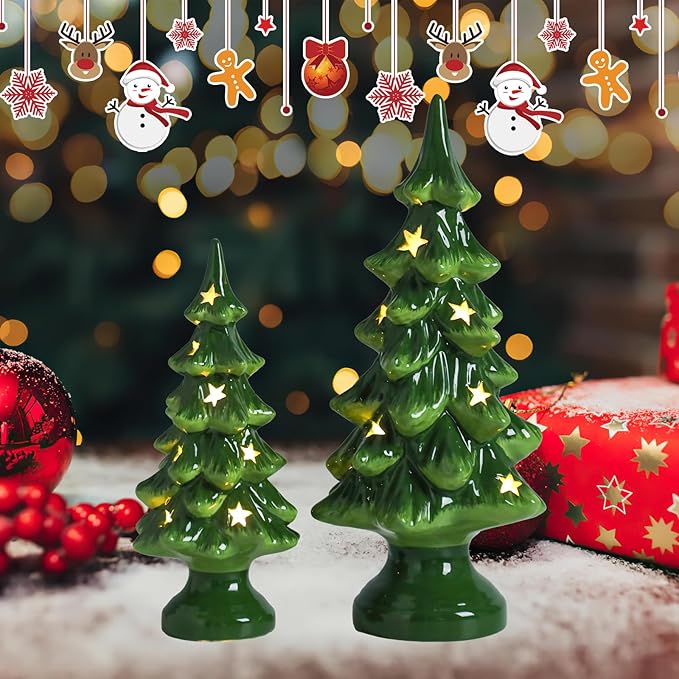 Taman Ceramic Christmas Tree, 2 Pack Tabletop Light Up Decoration with Warm Lights for Christmas Holiday Indoor Decorations