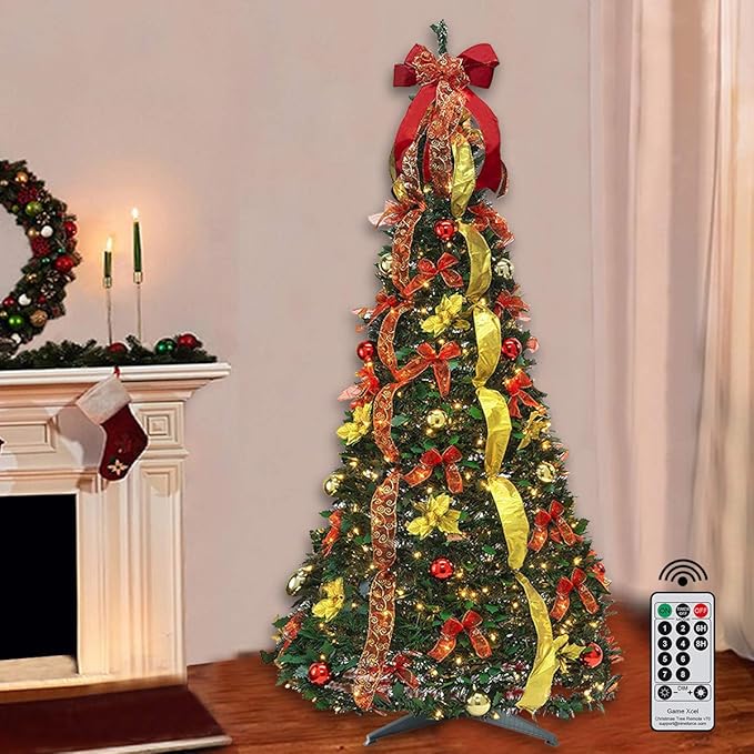 6FT Prelit Pull Up Artificial Christmas Tree with Lights, Decorations, Remote - Red, Gold Ornaments, Bows, Ribbons
