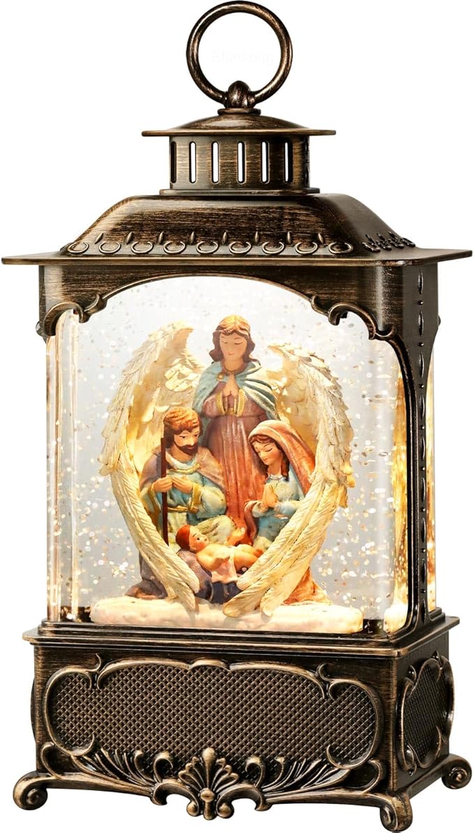 Nativity Snow Globe Lantern Christmas Decorations Gifts Auto Snowfall Glitter Music Collection Angel Nativity Scene with 6H Timer USB/Battery Powered 10.2 inch