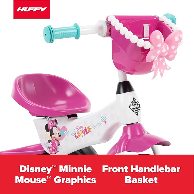 Huffy Disney Minnie Mouse Girl's Trike, Ideal for Ages 3+, Minnie Mouse Graphics, Pink Handlebar Bow Basket, Storage Bins for Snacks or Toys, Sturdy and Durable, Safe for Toddlers