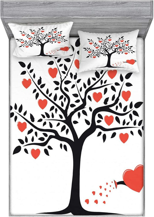 Ambesonne Valentines Day Fitted Sheet & Pillow Sham Set, Love Tree with Heart Romance Fruits Leaves Forest Couple Art, Decorative Printed 3 Piece Bedding Decor Set, Queen, Vermilion Black