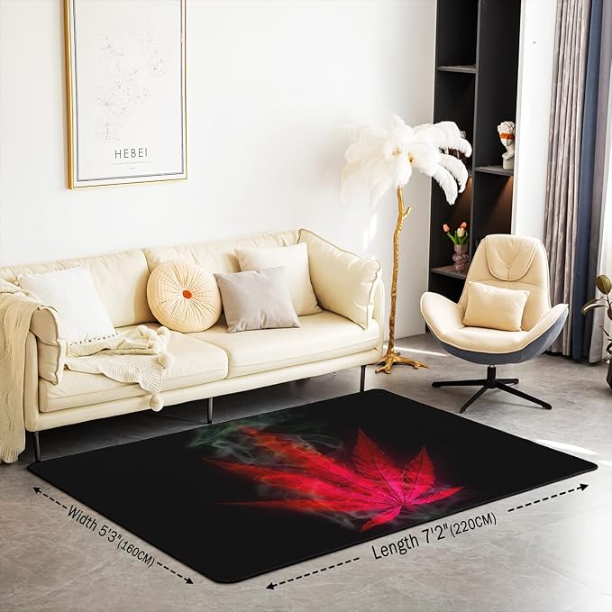 Marijuana Area Rug 5x7, Red Cannabis Leaf Printed Rug for Adult Women Teens Marijuana Weed Leaf Carpet, Exotic Leaves Rustic Boho Trippy Hippie Theme Non Shedding Decorative Rug for Bedside