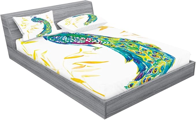 Ambesonne Peacock Fitted Sheet & Pillow Sham Set, Digital Watercolor Paint Creature Female Animal Large Tail Eyespots Image, Decorative Printed 3 Piece Bedding Decor Set, King, Orange Teal Yellow