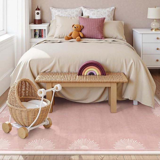 Modern 5x7 Pink Area Rugs for Bedroom Girls, Ultra Thin Washable Nursery Rug for Kids Room, Soft Sun Print Living Room Rug,Boho Non Shedding Floor Carpets for Classroom Dorm(5'x7',Pink)