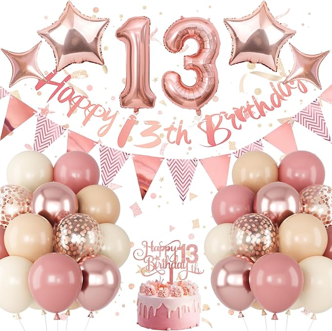 13th Birthday Decorations for Girls, Retro Pink Number 13 Balloon Set Happy 13th Birthday Banner Cake Topper Dusty Pink Beige Nude Rosegold Star Balloons for Boho 13 Year Old Bday Party Decoration