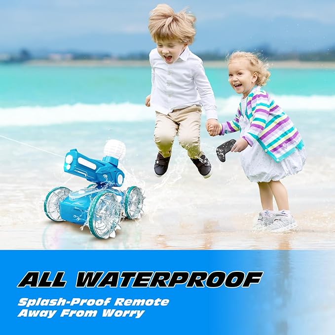 Tecnock Amphibious Remote Control Car Boat for Kids, 2.4GHz 4WD Water Squirt RC Stunt Car with LED Lights, 45-Minute Playtime, Pool Toy Gift for Boys and Girls Ages 6+