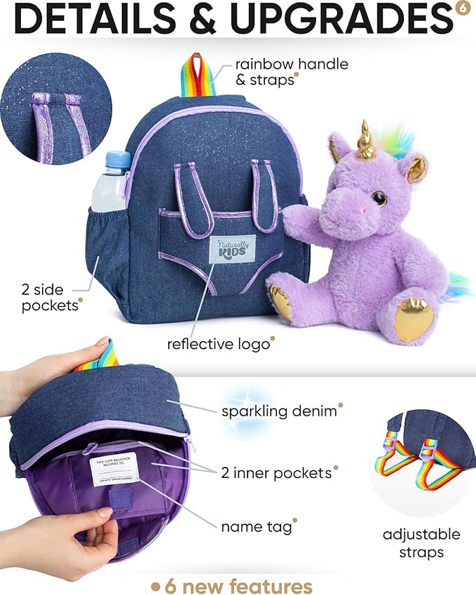 Naturally KIDS Medium Toddler Unicorn Backpack Age 3-9 (11’’h) w Detachable Purple Unicorn Toys for Girls Age 4-6, Gifts for 5 Year Old Girls