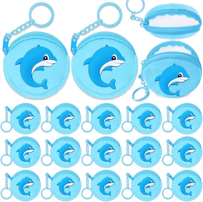 15 Pack Dolphin Mini Coin Purses with Keyring for Dolphin Ocean Sea Animals Under the Sea Themed Party Supplies, Kids Baby shower Birthday Decoration,Blue