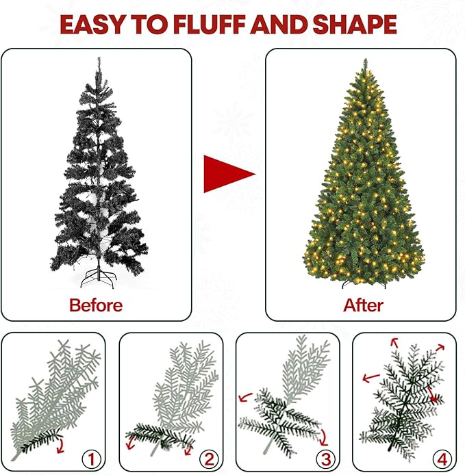 6 ft Lighted Christmas Tree, Artificial Christmas Tree with 250 Warm White Lights, 1032 Branch Tips, Hinged Branches and Metal Stand