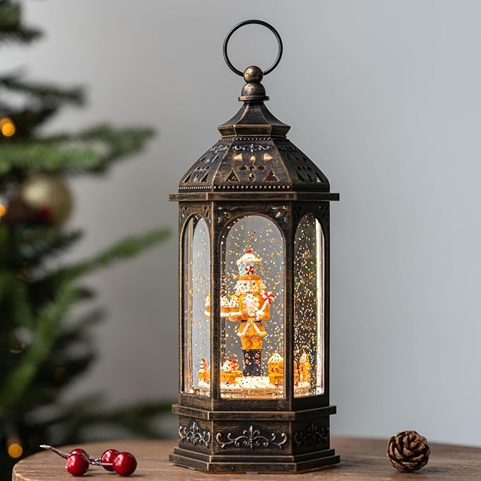 12.8'' Christmas Snow Globe Lantern, Gingerbread Man Train Will Rotate Around The Gingerbread Nutcracker with Musics Swirling Glitter Water Lantern Decoration for Home, Battery Operated or USB Powered