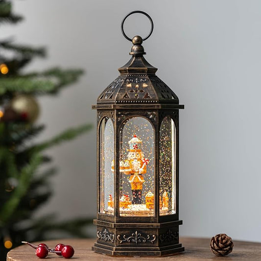 12.8'' Christmas Snow Globe Lantern, Gingerbread Man Train Will Rotate Around The Gingerbread Nutcracker with Musics Swirling Glitter Water Lantern Decoration for Home, Battery Operated or USB Powered