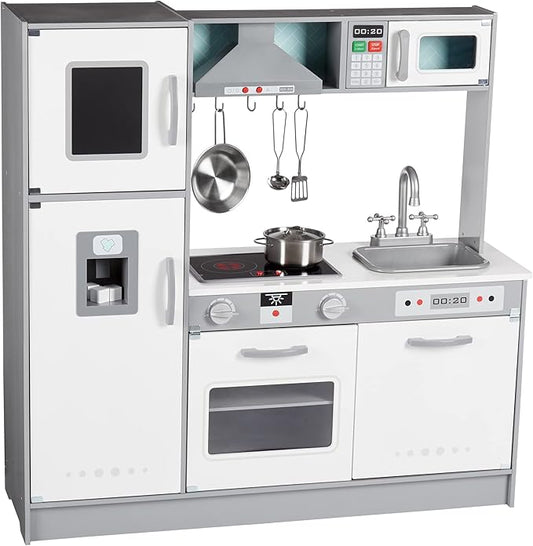 Amazon Basics Kids Kitchen Set, Play Kitchen Toy Playset for Toddlers, Preschoolers, 39"L x 11.8"W x 39"H, White & Gray
