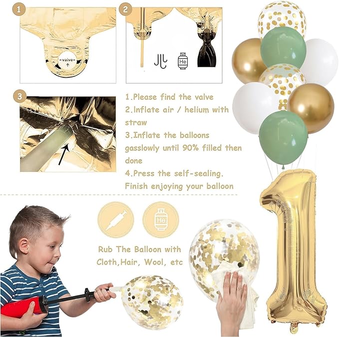 18th Birthday Decorations - Happy 18th Banner, Cake Topper, Foil Balloons in Sage Green, White, Gold for 18 Year Old Party